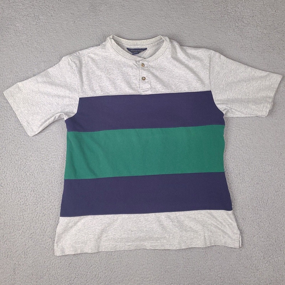 Vintage Lands' End T Shirt Mens Medium Gray Henley Single Stitch Stripe USA Made